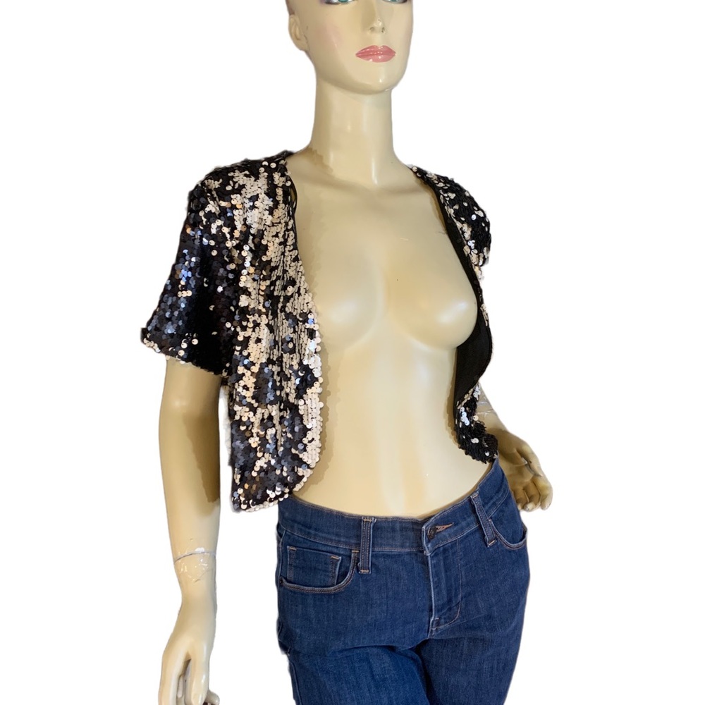 I.N. STUDIO BLACK & CREAM SEQUIN SHORT SLEEVE BOLERO JACKET NWT (L) - Picture 8 of 13